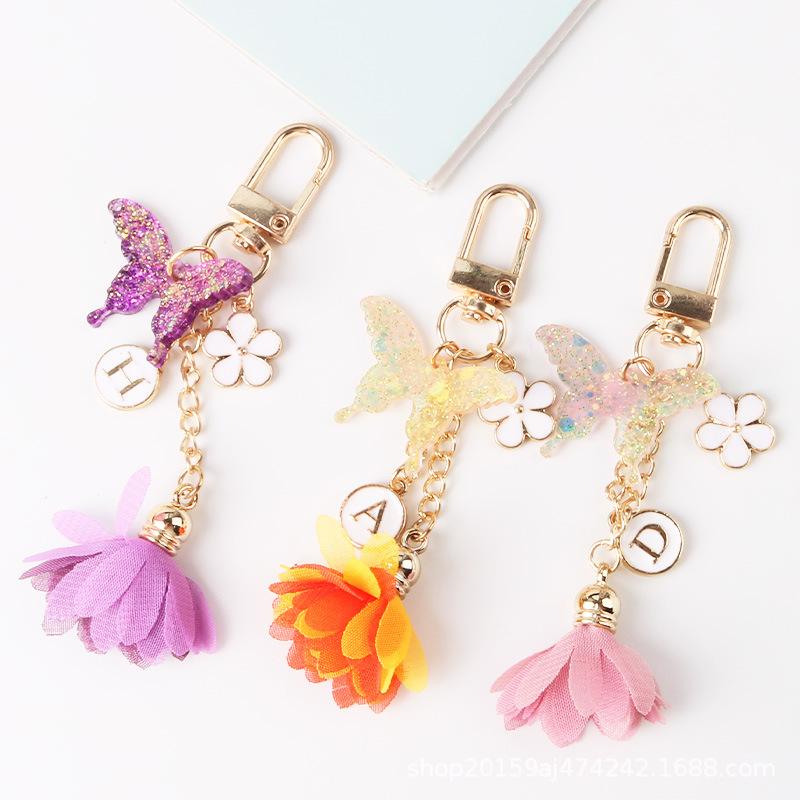 

Keychains Acrylic Butterfly Keychain Chaveiro Cute Fashion Chiffon Flower Tassel Charm Keyring Pendant Handbag Letter Accessory Key Ring