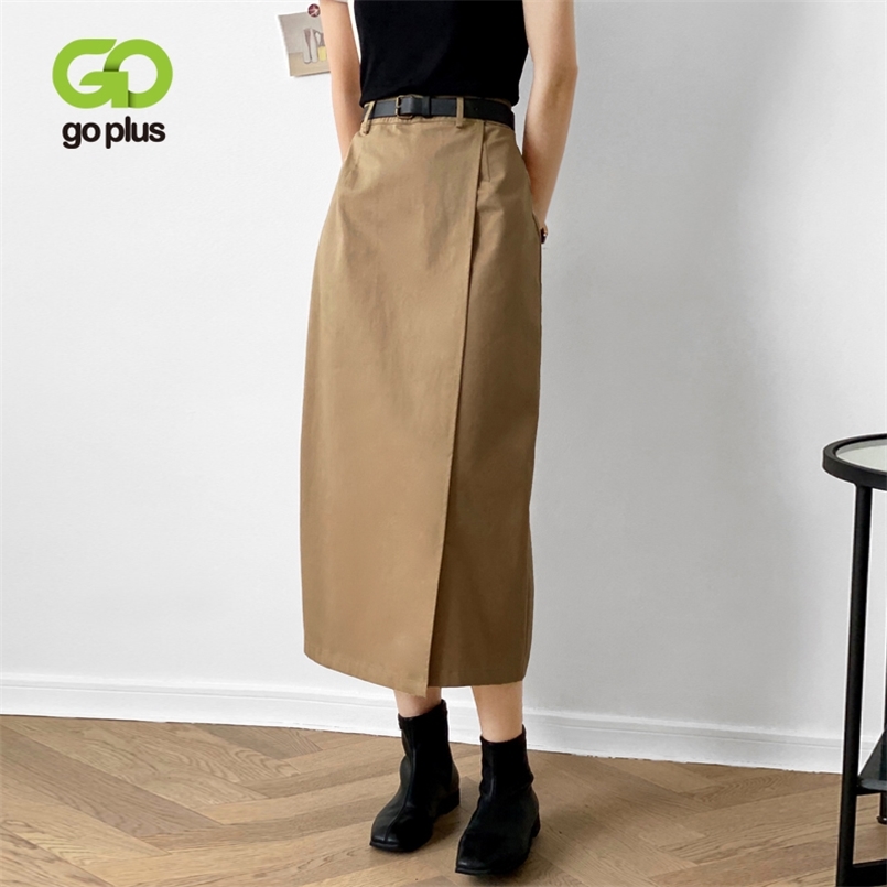 

GOPLUS Women's Skirts Korean Style A-line Ankle-Length High Waist Black Womans Mujer Faldas Moda 210708, Khaki