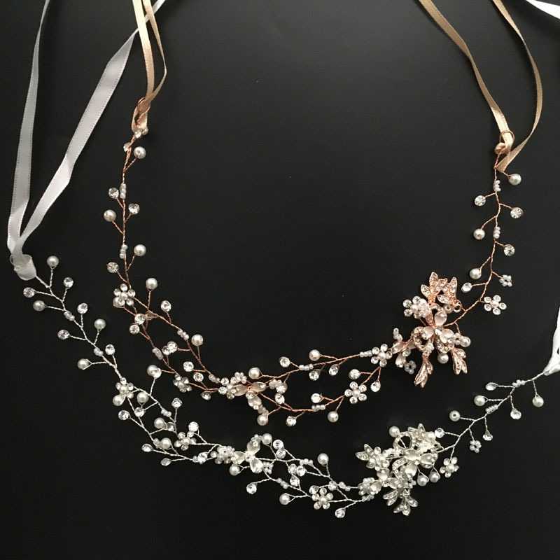 

SLBRIDAL Rose Gold Crystal Rhinestone Pearls Wedding accessories Vine Hairband Bridal Headband Bridesmaids Jewelry