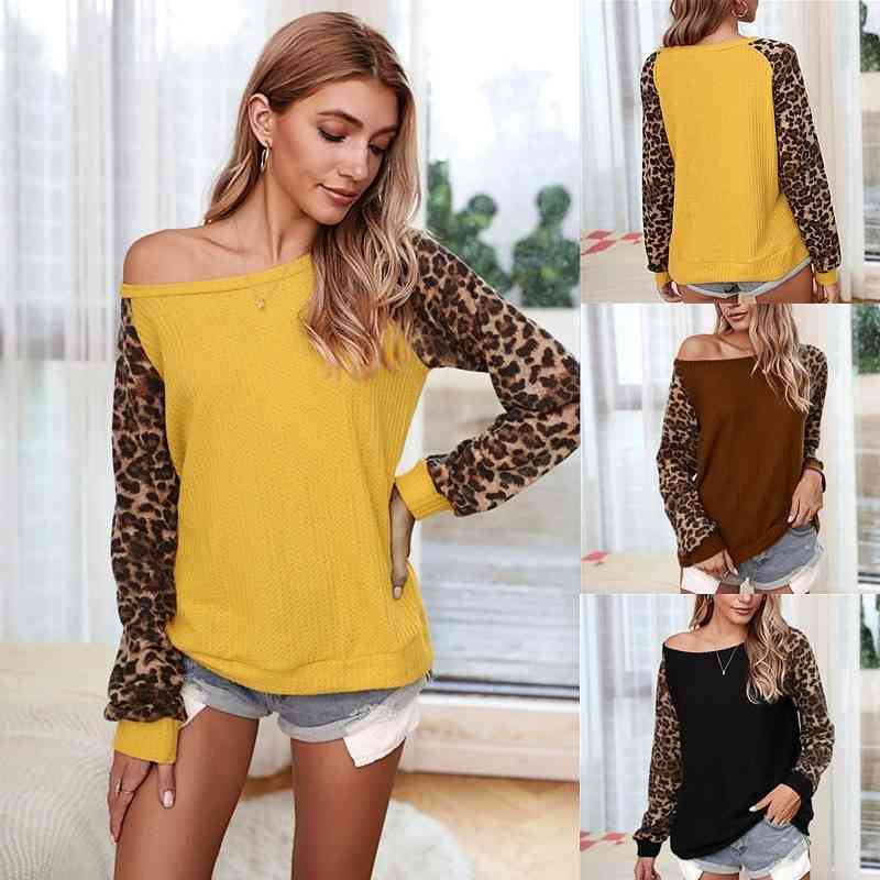 

Autumn Winter Women' Leopard T Shirts Fashion Patchwork Women Long Sleeve T-Shirts O-Neck Streetwear Pullovers Top Tees 210603, Black