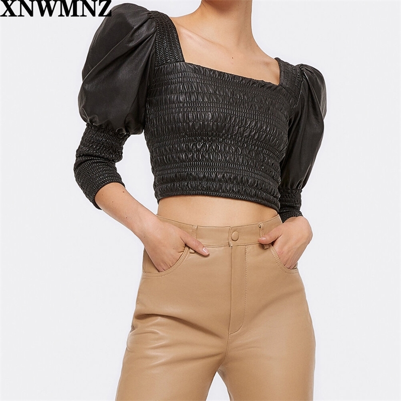

women faux leather puff sleeved blouse autumn Sexy vintage chic shirt Female square collar elastic top 210520, Black