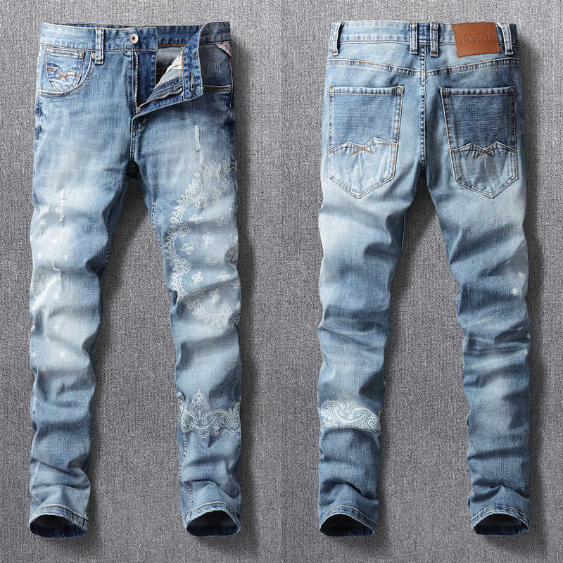 

Ly Street Fashion Men Jeans Retro Blue Elastic Slim Fit Frayed Hole Ripped Printed Designer Hip Hop Denim Pants