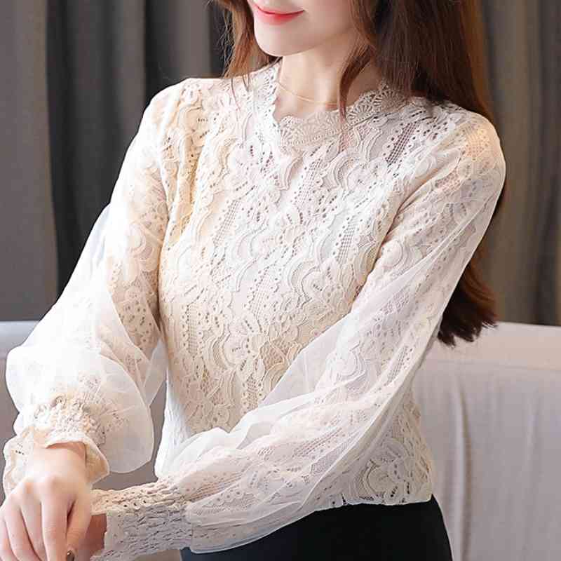 

Blusas Mujer De Moda Autumn Long Sleeve Hollow Out Lace Blouse Women Shirts Casual Women Tops Womens Tops And Blouses C211 210602, Apricot