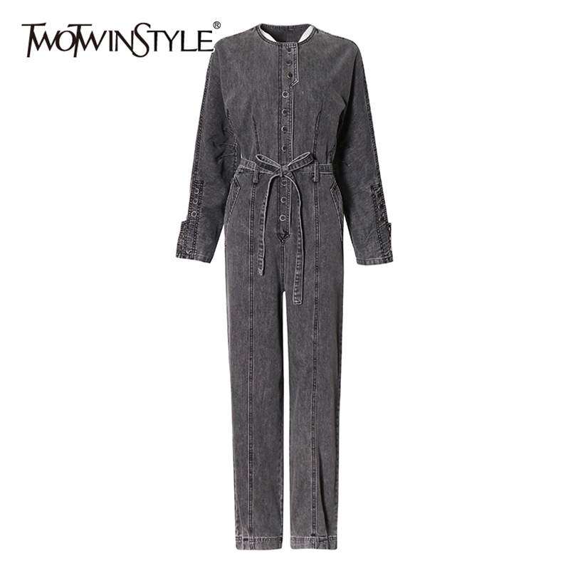 

Casual Denim Jumpsuit For Women O Neck Long Sleeve High Waist Lace Up Bowknot Wide Leg Pants Solid Jumpsuits Female 210521, Beige