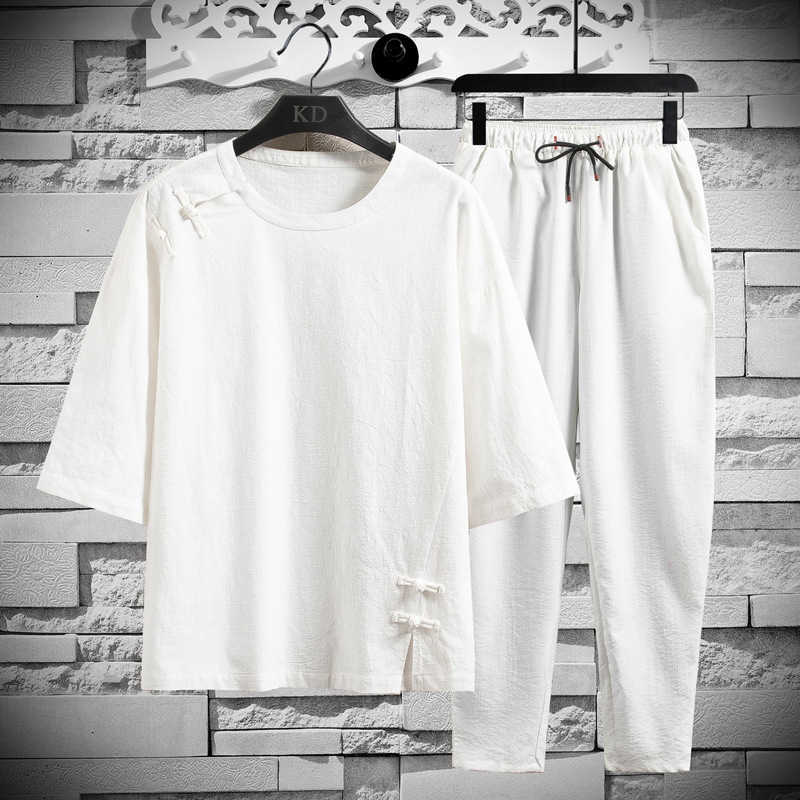

men's suit Short Sleeve TShirt Large Hanfu solid color short sleeve batch Summer Chinese style cotton hemp suits, White