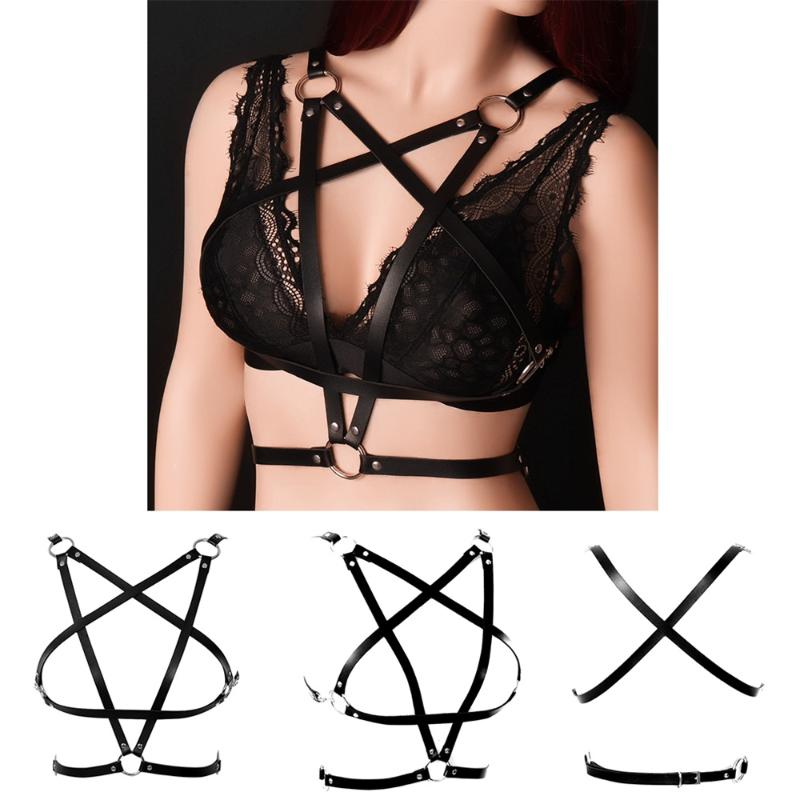 

Belts Pentagram Sexy Women Black Leather Harness Garter Belt Hollow Chest Stocking Adjust Waist Body Bondage Erotic Fetish Lingerie, Black;brown