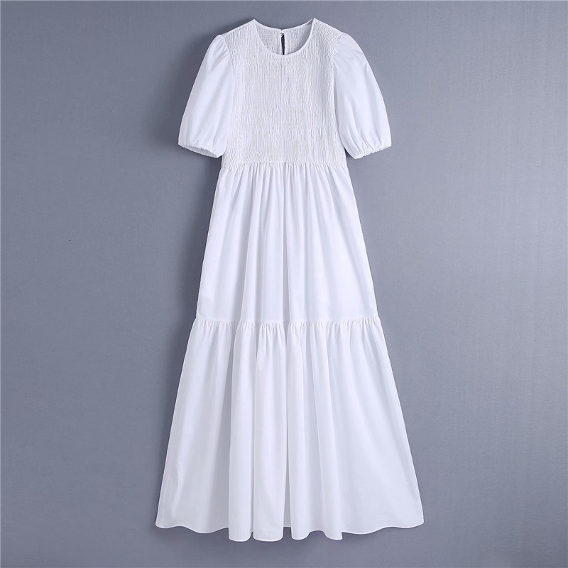 Casual Dresses Women Fashion Elastic Bust Za White Spring Long Female Short Puff Sleeve O-Neck High Waist Midi Dress Chic HQ2E-image-702950231