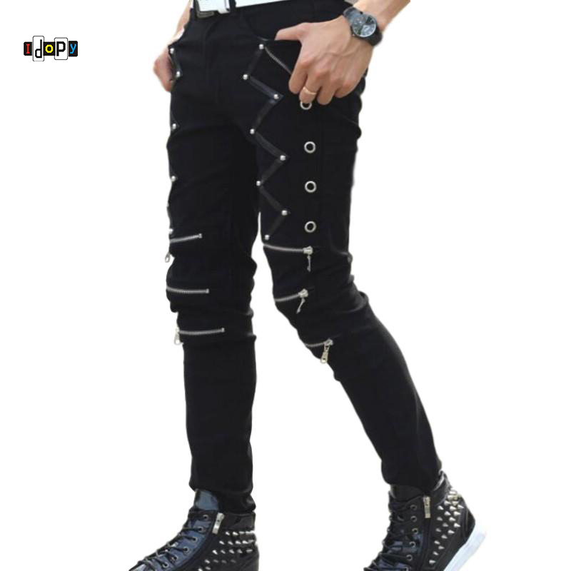 

Idopy Arrival Spring Fashion Mens Punk Skinny For Man Cool Casual Pants Zipper Slim Fit Black Goth Trousers, W588