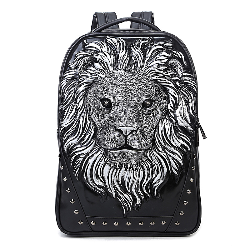 

Wholesale factory mens shoulder bags street cool animal lion head men backpack waterproof wear-resistant leather handbag outdoor sports large leisure computer bag, Silver-3049