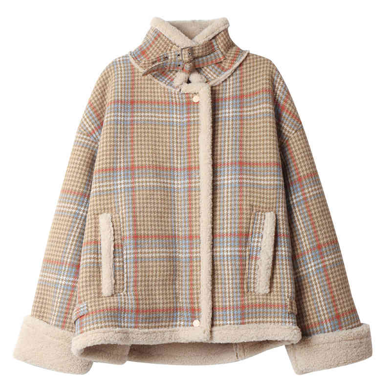 

Plaid lamb wool coat women's short autumn and winter wild Korean version of loose woolen thick plus velvet 210525, Camel