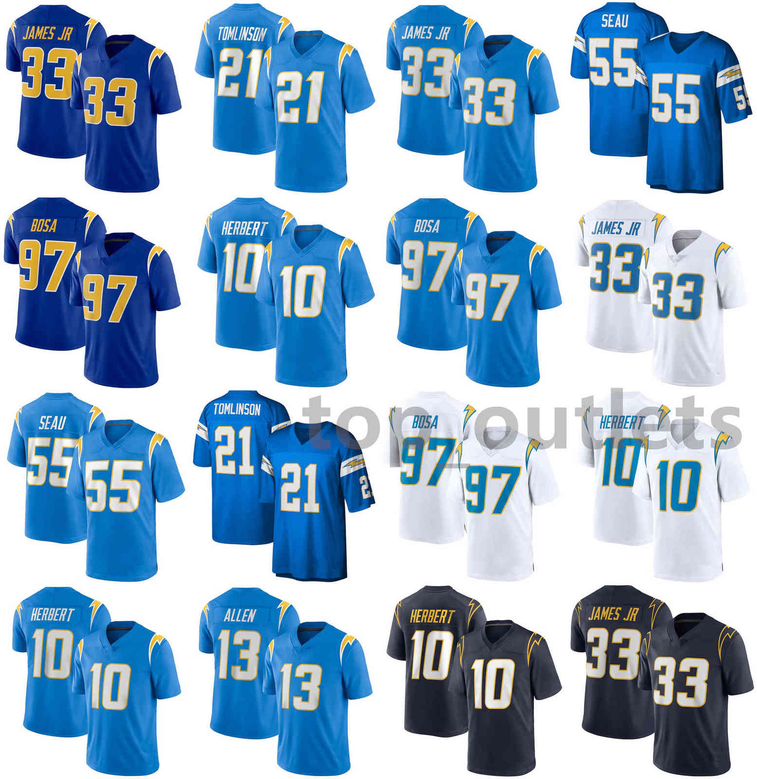 

2021 Chargers American Football Jerseys Derwin 33 James Jersey Joey 97 Bosa Junior 55 Seau Justin 10 Herbert Keenan 13 Allen Stitched Size S, As photo