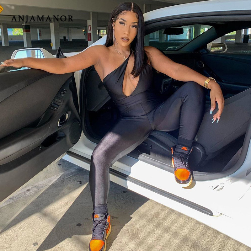 

ANJAMANOR Black Cutout One Shoulder Backless Bodycon Jumpsuit Women Sporty Woman One Piece Outfit 2021 Club Outfits D16-BI28