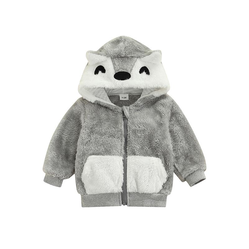 

Jackets 2021 Toddler Kids Baby Boy Girl Long Sleeve Cartoon Hooded Zipper Cardigan Jacket Plush Outwear Coat Warm Clothes, Gray
