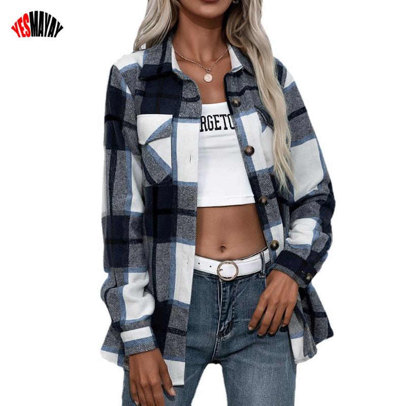 

Women' Blouses & Shirts 2021 Plaid Women Autumn Winter Cardigan Tops Coat Fashion Ladies Lapel Thick Long Sleeved Casual Shirt For Female, Green