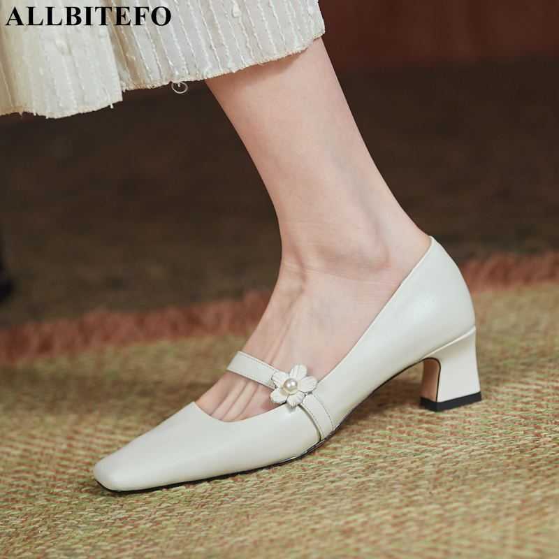 

ALLBITEFO square toe genuine leather thick heels party women shoes women heels shoes autumn high heel shoes size:33-43 210611, As picture