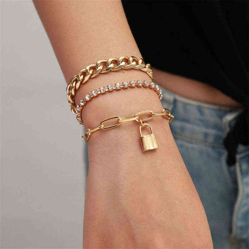 

Vintage Gold Chain Bracelet for Women Men Party Fashion Multilayer Lock Rhinestone Set s on Hand Jewelry