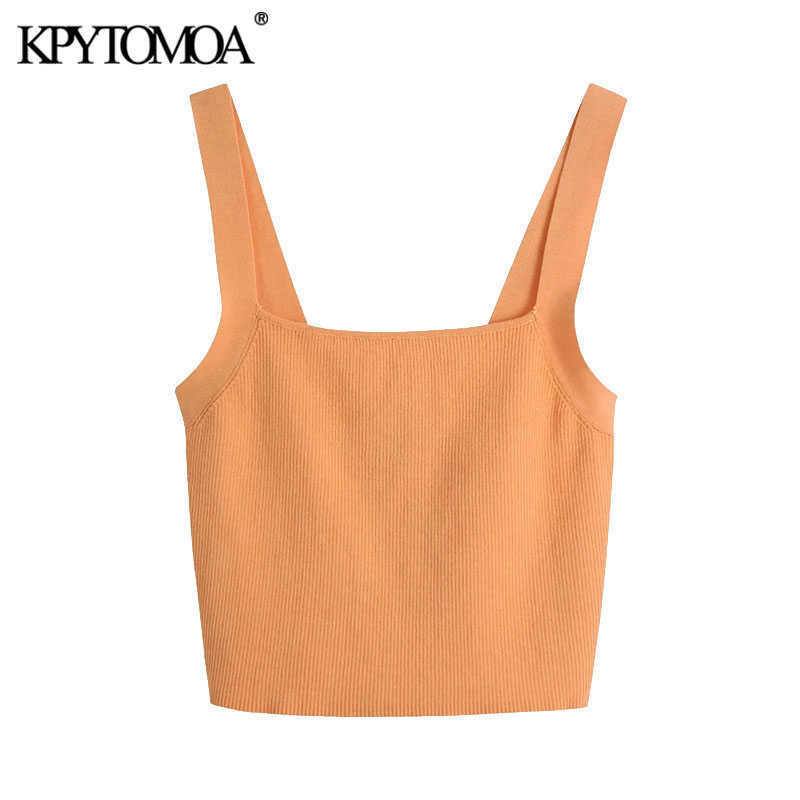 

KPYTOMOA Women Fashion With Wide Straps Cropped Knitted Tank Tops Vintage Square Collar Backless Female Camis Mujer 210616, As picture