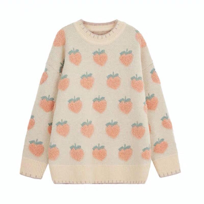 

Women's Sweaters Kawaii Casual Women Sweater 2021 Long Sleeve Peach Strawberry Fruit Embroidery Female Top Sweet Loose Autumn Ladies, White;black