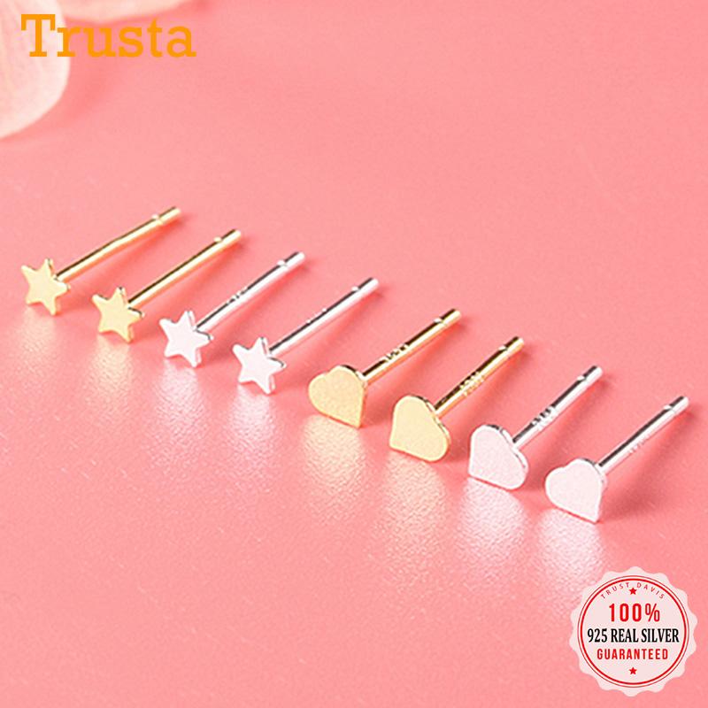 

Stud TrustDavis Real 925 Sterling Silver Fashion Mini Star Heart Earrings For Women Wedding Fine S925 Wholesale Jewelry DS357, Golden;silver