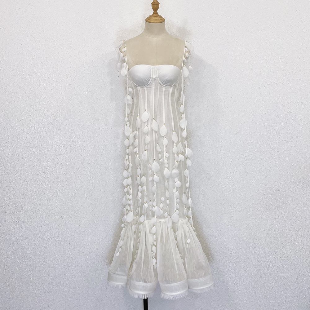 

White petal hand stitched fishtail suspender dress, Ivory