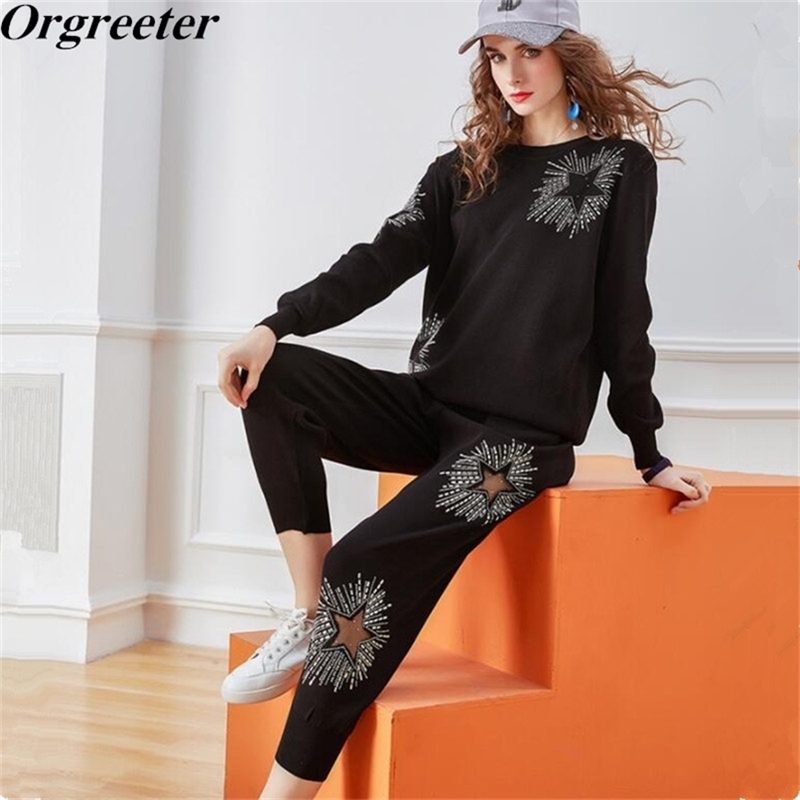 

Arrival Women Knitted Two piece Set Fall Winter Star jacquard Pullover Sweater and Pants Suits Female Outfit 210602, Black