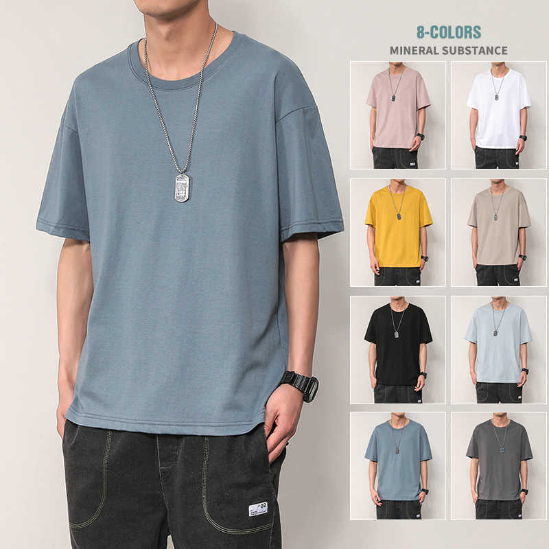 

Legible Summer O-Neck T-Shirts Men Solid Streetwear Mens Loose Casual Short Sleeve Tops Tees Male T Shirts Men 210707, Cai lan