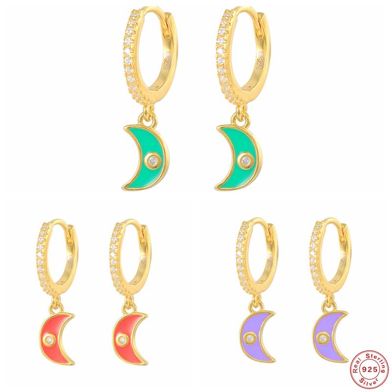 

Hoop & Huggie BOAKO 925 Sterling Silver Colorful Enamel Moon Charm Earrings For Women Luxury Pave Zircon Circle Earring Hoops Party Jewel