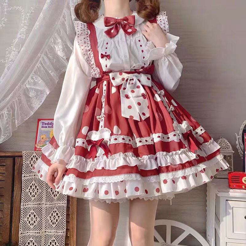

Summer Sweet Girl Cute Woman JK Uniform Harajuku Maid Sling Dress Suit Japanese Gothic Lolita Strawberry Set 210517, Only blouse