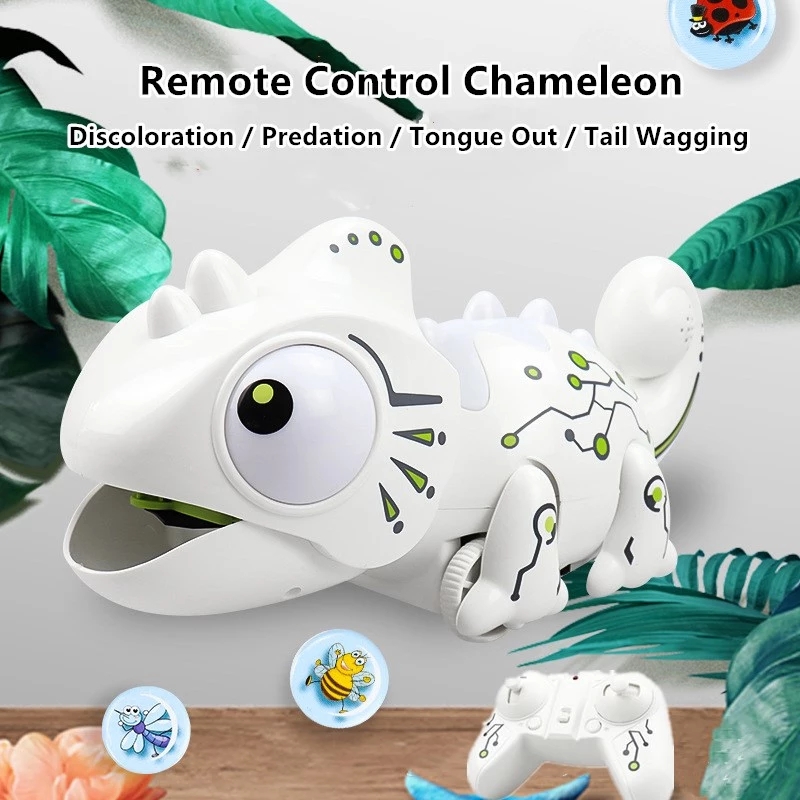 

High Simulation Chameleon 2.4G Remote Control RC Robot With Light Sound Effect Tail Swing Extendable Tongue Intelligent Animal, White