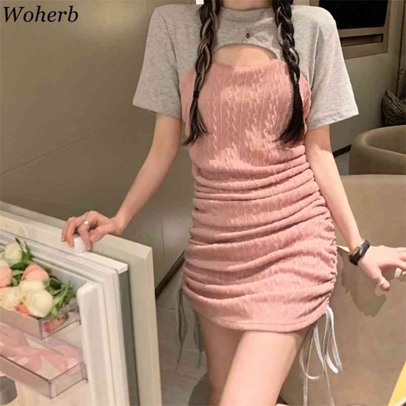 

Summer Women Bodycon Dress Korean Fashion Patchwork Drawstring Mini Vestidos Hollow Out Slim Short Sleeve Sexy Dresses 210519, Blue