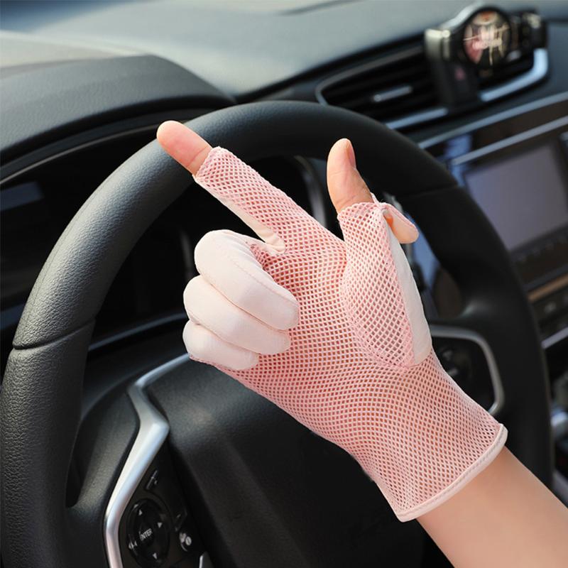 

Five Fingers Gloves Sunscreen Silk Thin Women Summer Anti-UV Mesh Breathable Fingertip Clamshell Touch Screen Driving