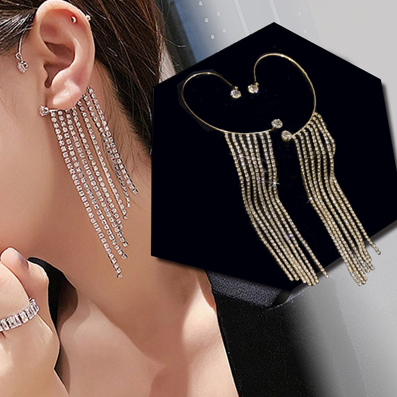 

Geometric C-type Dangle Tassel Earrings Luxury Flash Diamond Personality Ear Clip Pierced Female Earrings, Silver