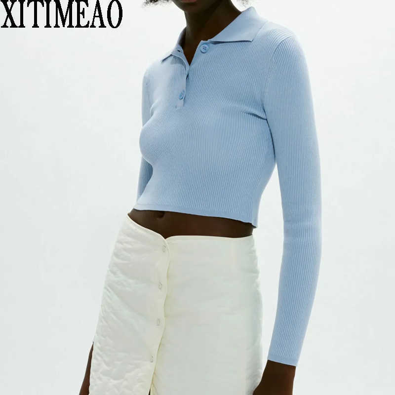 

ZA Women Spring Autumn Knitted Butto Decorati Knit Sweater Coat Retro Polo Lapel Slim Short TopsXITIMEAO 210604, Blue