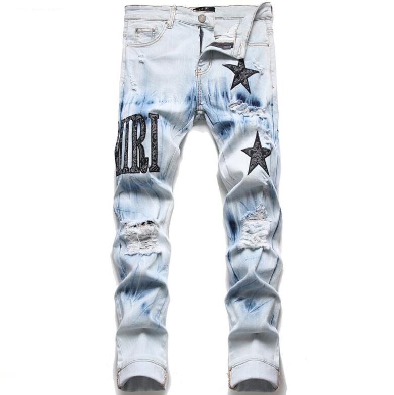 

2022 Men's Jeans European American Street Fashion Brand Men Jeans slim denim straight biker skinny ripped jeans Pencil pants 8878AA#, Blue