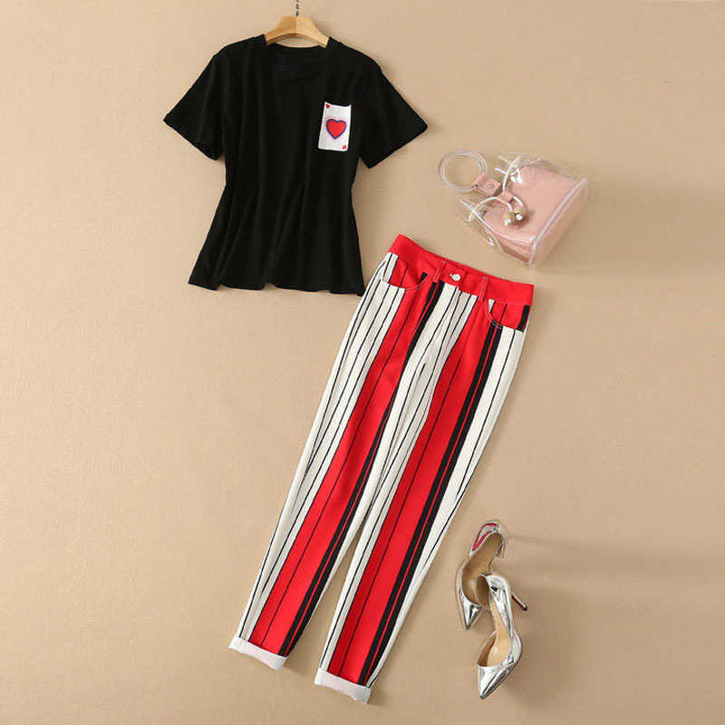 

HIGH QUALITY Summer Short Sleeve Black T-Shirt Striped Pants Sets 210526