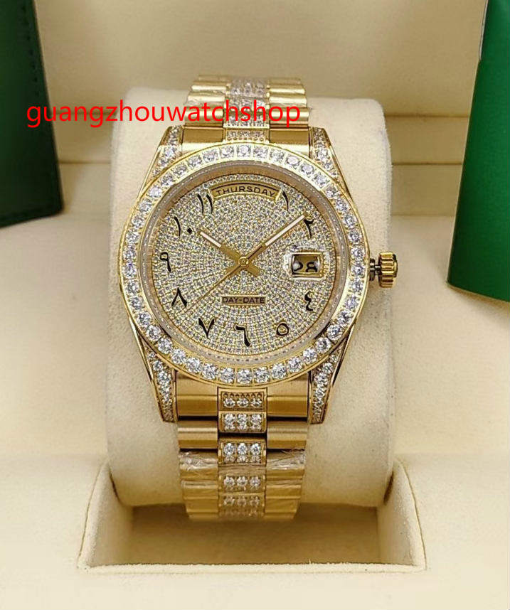 

High quality Automatic men watch 41mm yellow gold case stones bezel and diamonds in middle of bracelet Arabic numerals dial full works wrist watches .