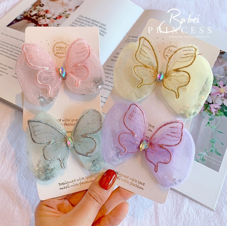

2021 Baby girls butterfly princess Barrette Children bow Rhinestone Hair Ornament Fairy organza Bows kids HairPin party hairs Clip S1171, Mix colors random