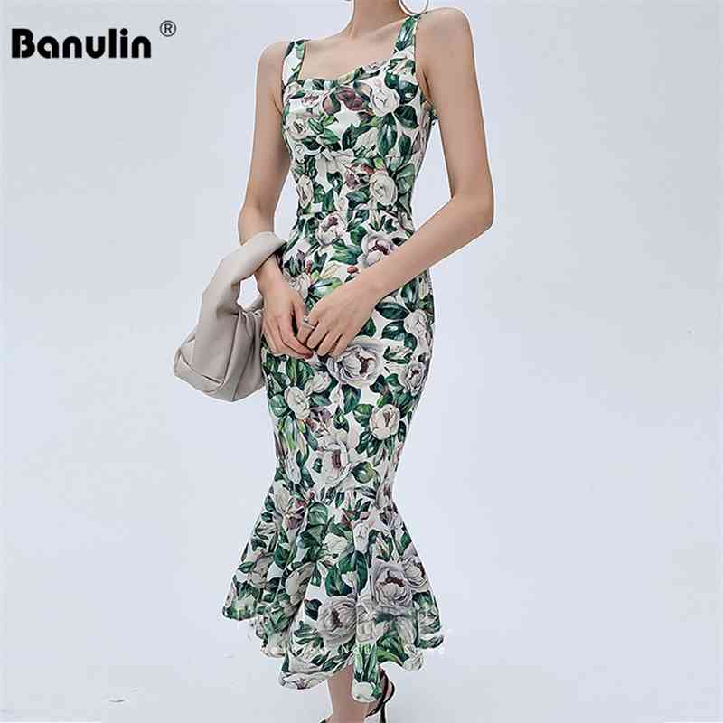 

Banulin Runway Summer Sexy Spaghetti Strap Mermaid Dress Women Floral Print Vintage Sleeveless Elegant Holiday Midi N68198 210603, Green