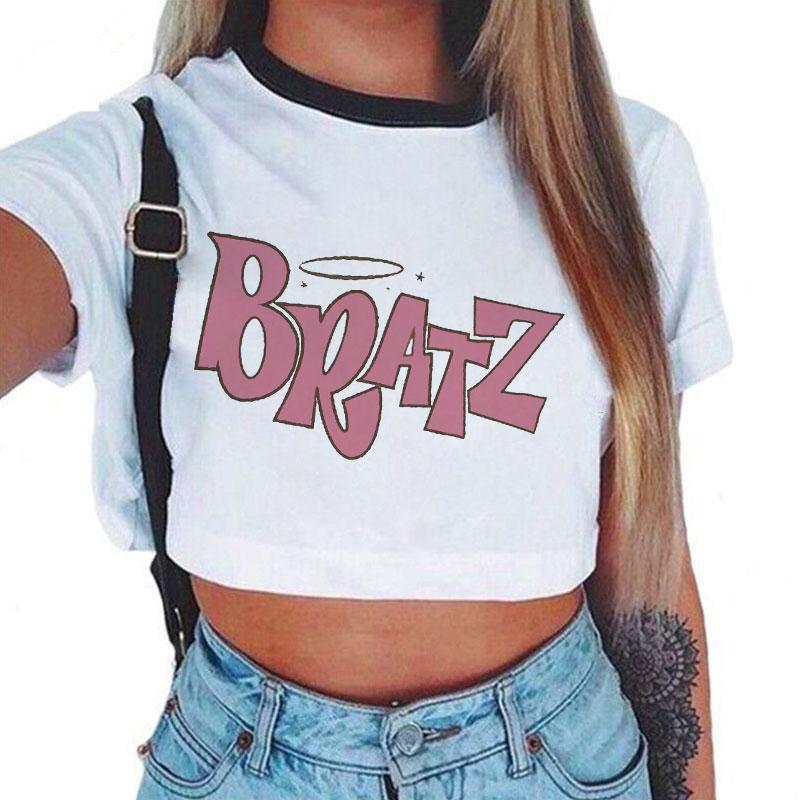 

Kawaii Bratz Letter Print Women T-Shirt Casual Crop Top Tshirt Vogue Harajuku Short Sleeve Korean Y2k Graphic Streetwear T Shirt Women's, White