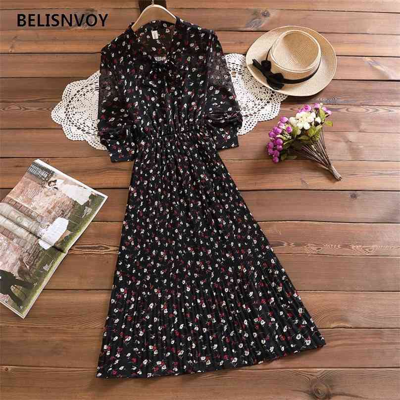 

Elegant V-Neck Women Floral Printed Dresses Long Sleeve High Waist Chiffon Dress Female Pleated A-Line Mujer Vestidos 210520, Black
