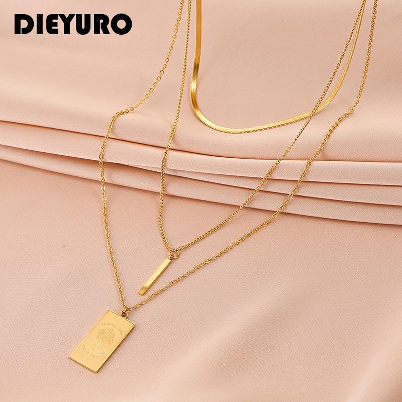 

Chains DIEYURO 316L Stainless Steel Anti-fading Sweater Chain Double-layer Square Brand Queen Head Pendant Necklace Female Fashion Gift