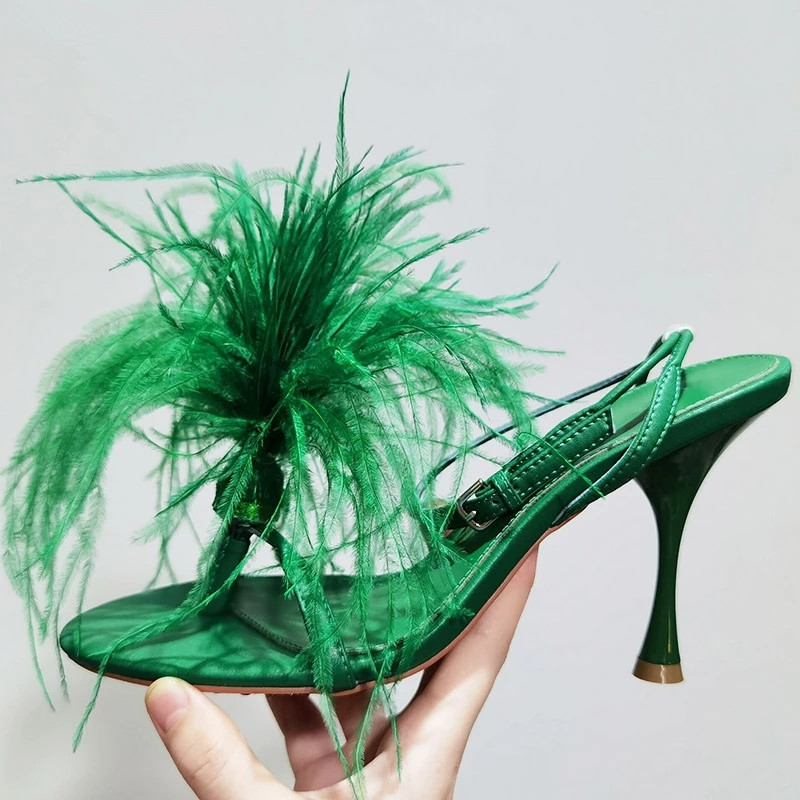 

Sexy Ostrich Fur High Heel Women Sandals Narrow Band Clip-on Real Leather Party Wedding Shoes Fluffy Feather Summer Runway Shoe, Red