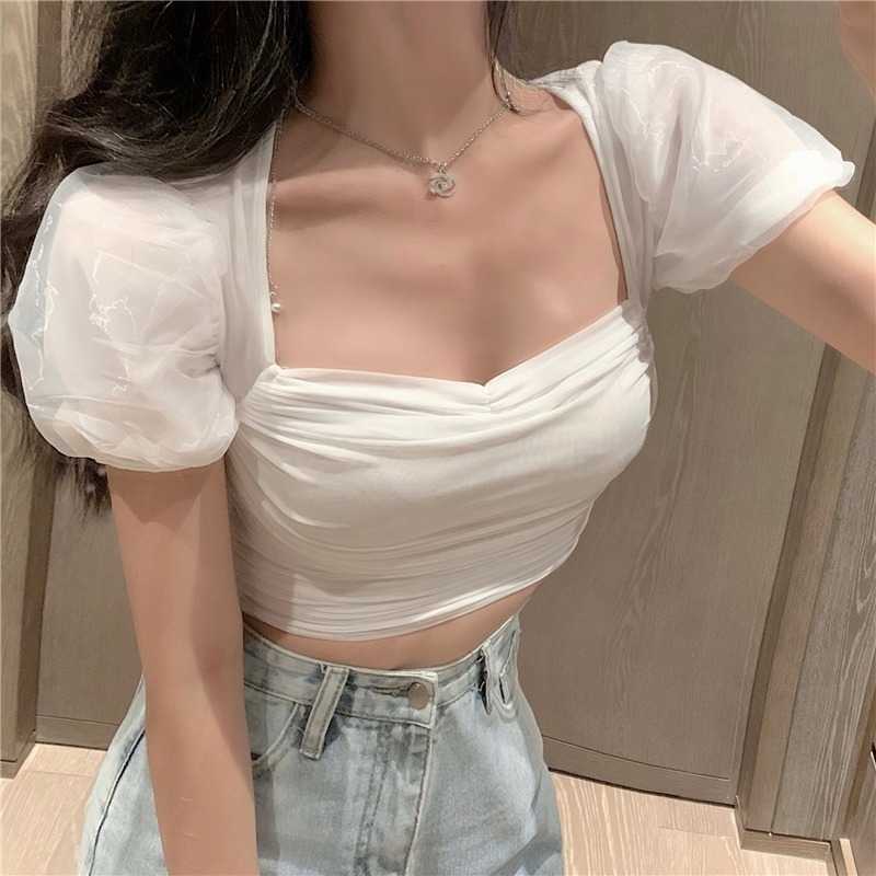 

WOMENGAGA T Shirt Women's Fashion Short White Tight Mesh Puuf Sleeve Sexy Square Collar Top Summer Tees 7EDY 210603