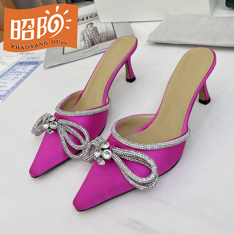 

2022 spring and summer new 6.5cm high-heeled slippers transparent glue bow crystal decorative Wedding Party Princess sandals, Lightgreen