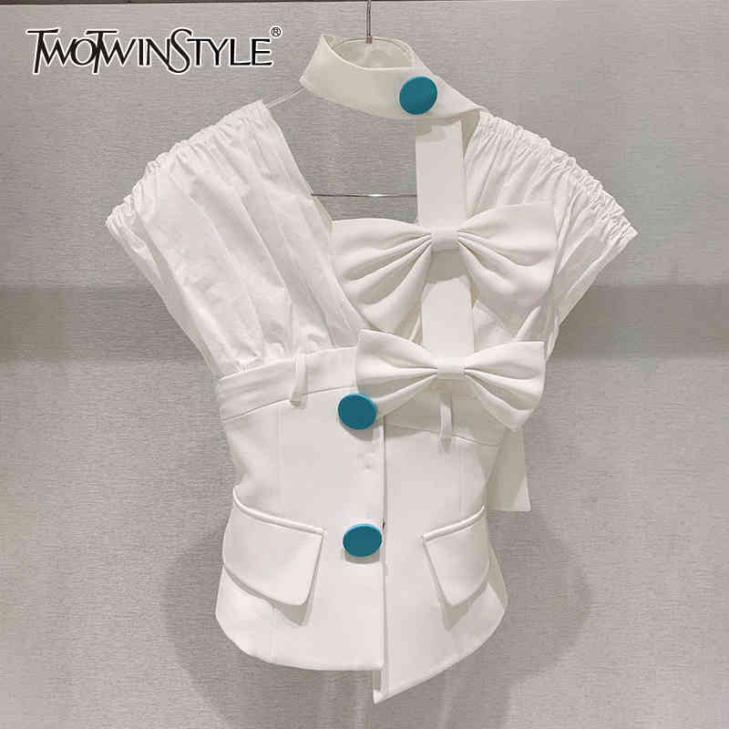 

White Patchwork Casual Shirt For Women Halter Puff Short Sleeve Single Breasted Blouses Female Summer Clothing 210524