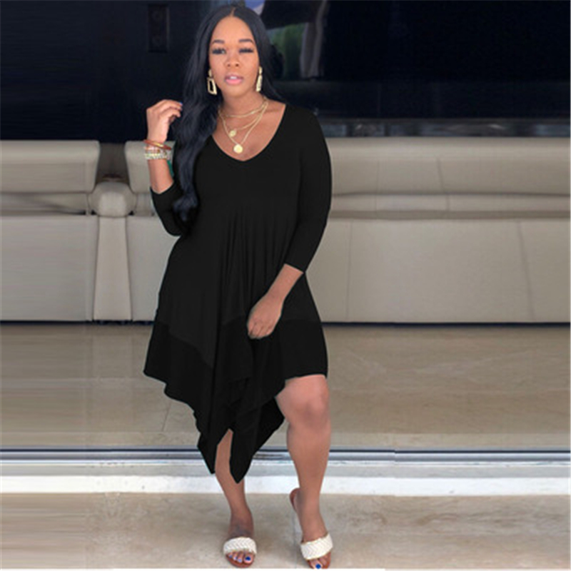 

Womens Solid Color Dresses Fashion Trend V-Neck Long Sleeve High Waist Plus Size Skirts Designer Summer Female Casual Loose Pullover Dress, Black