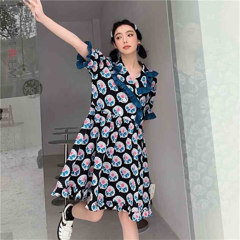

Summer Floral Ruffle A-line V-neck Dress High Waist Patchwork Dresses Temperament Loose Fashion 2H180 210526, As picture