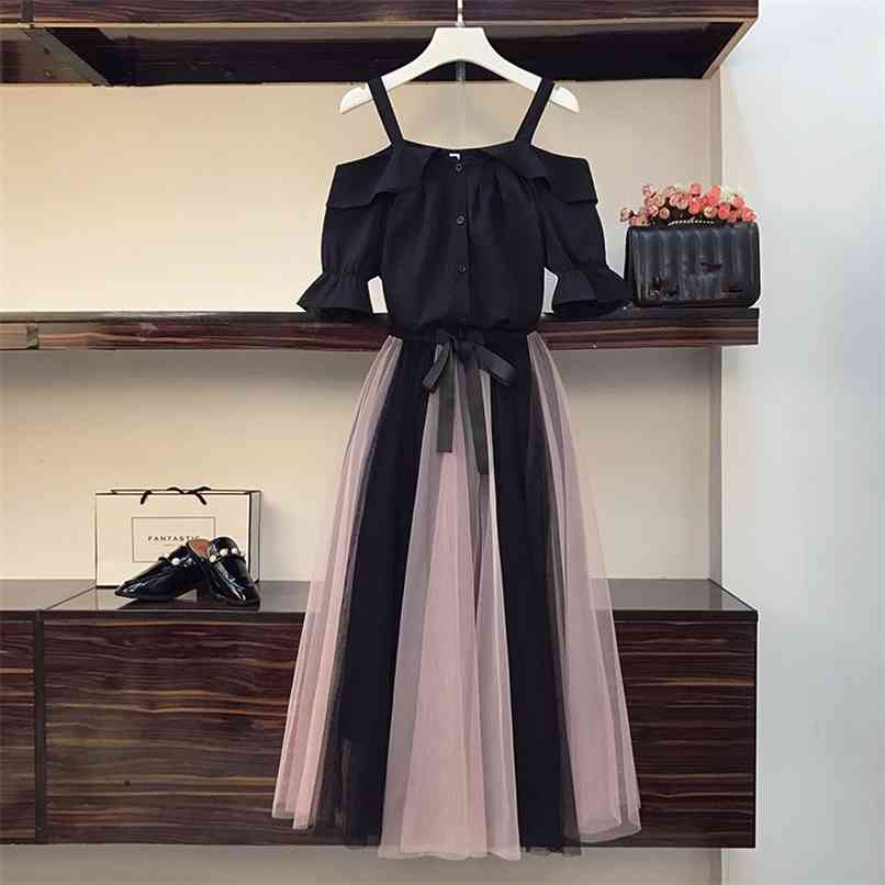 

High Qaulity Summer Fashion Ruffled Slash neck Chiffon Blouse and Color matching Mesh Long Skirt Two Piece Sets Women 210602, Black