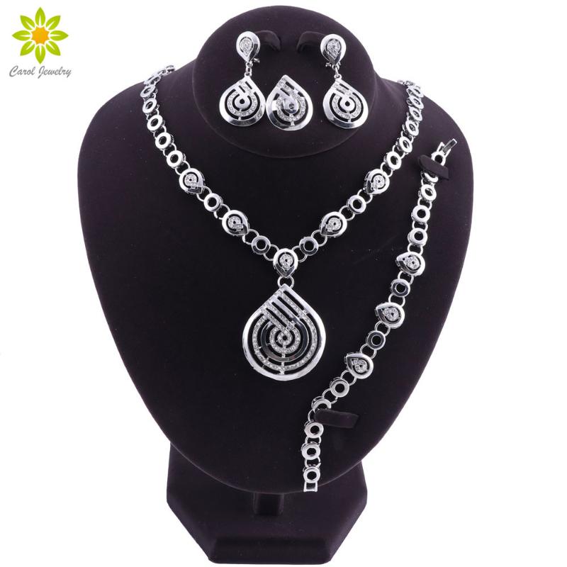 

Earrings & Necklace Nigerian Wedding African Beads Water Drop Set For Women Party Dubai Accessories Jewelry, Silver