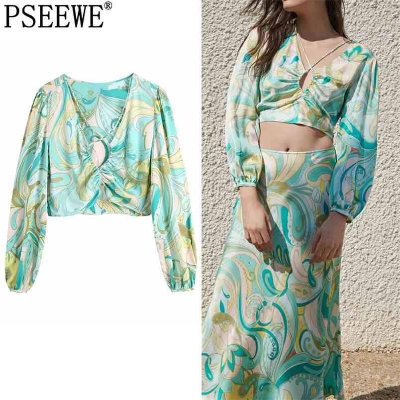 

Blouses Women Green Print Cut Out Summer Woman Top Ruched Strap Long Puff Sleeve Crop Female Vintage Blouse 210519